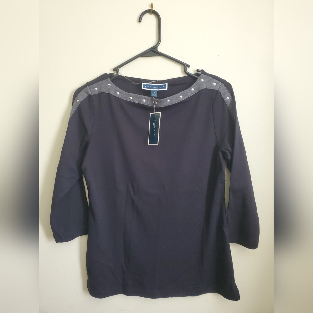 Karen Scott Black and Gray Blouse with Stud Accents